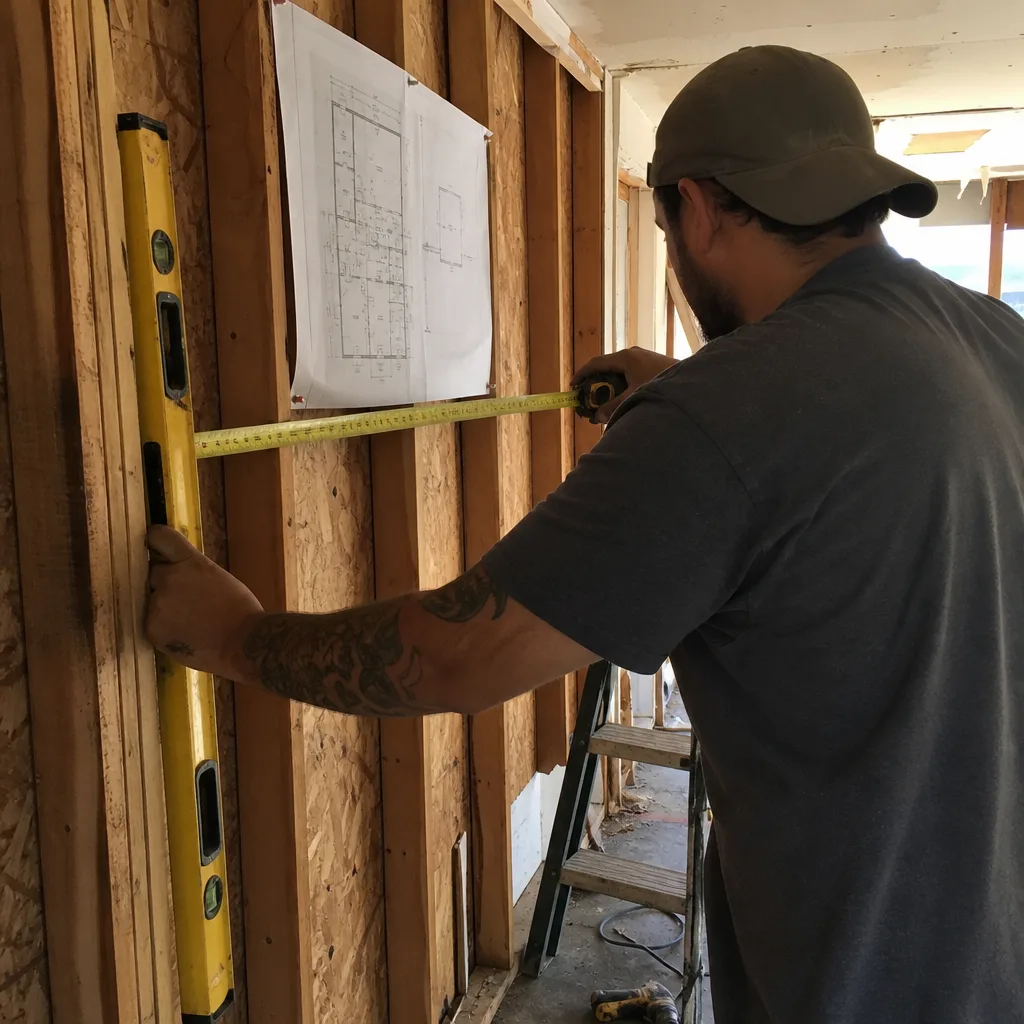 General contractor measuring wall studs during home construction project