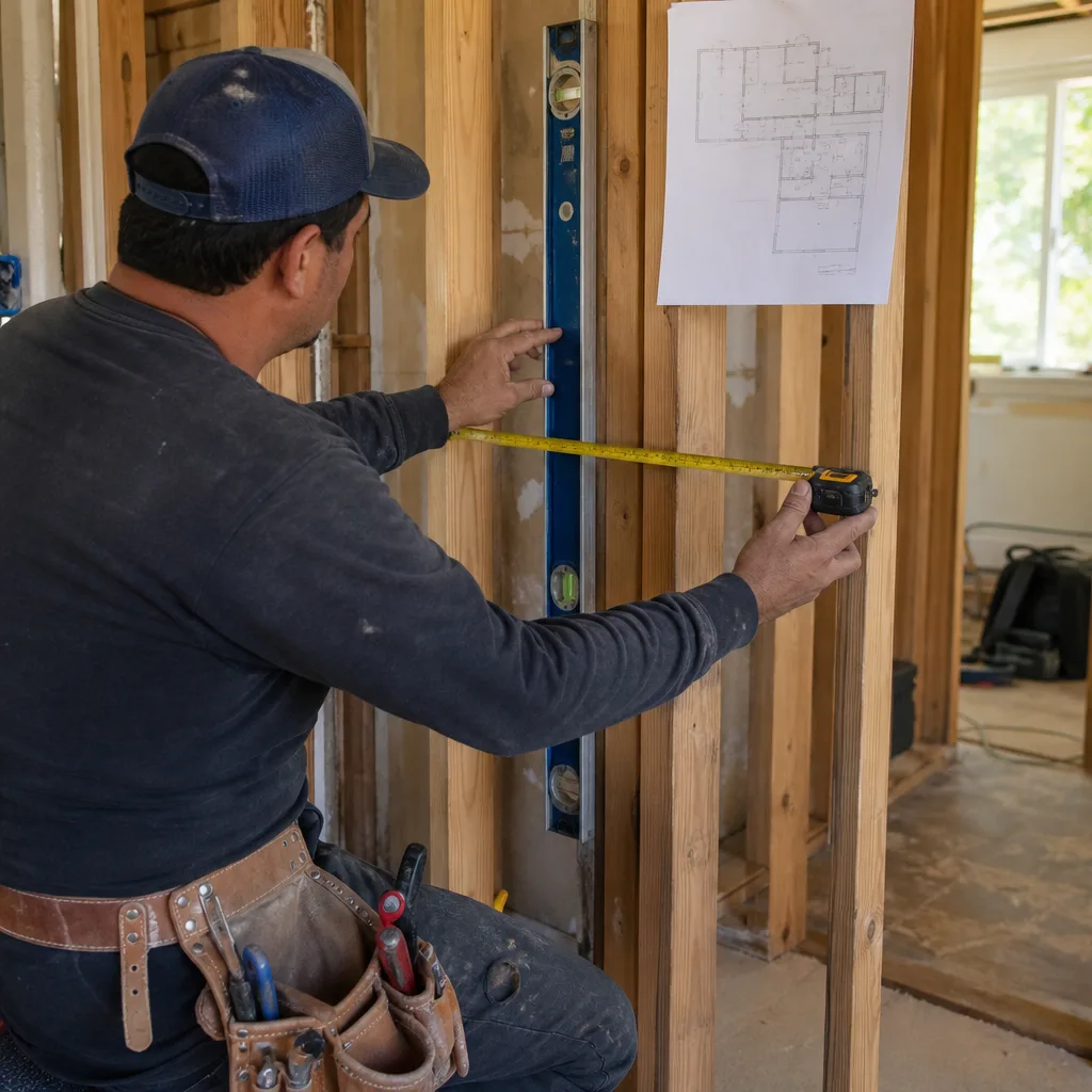 General contractor measuring wooden wall studs with a level and tape measure