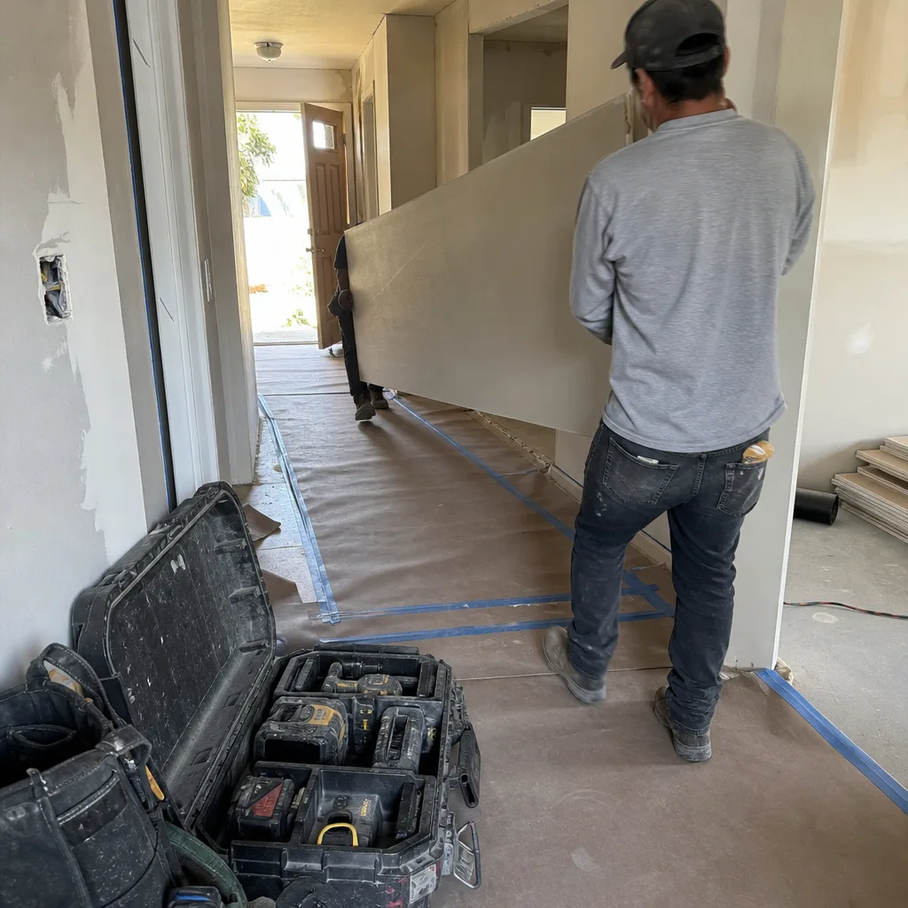 Contractors moving large drywall sheet in a residential construction remodel