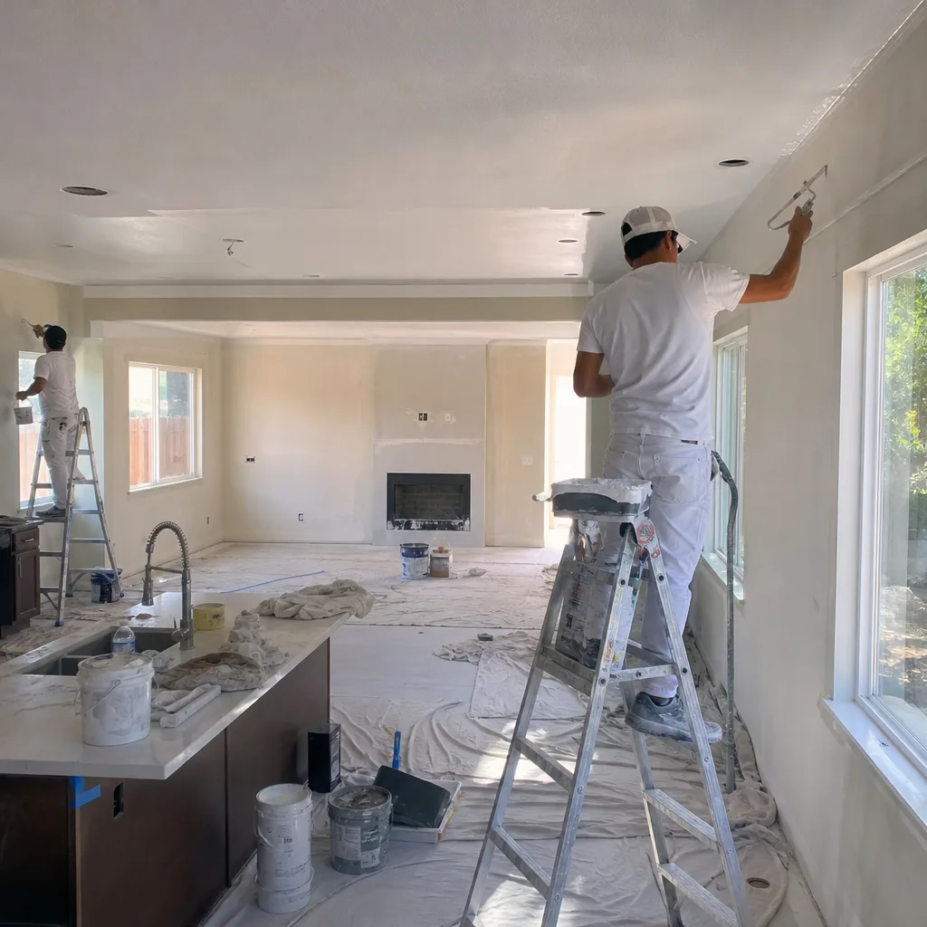 Professional painters working on interior wall and ceiling remodeling project