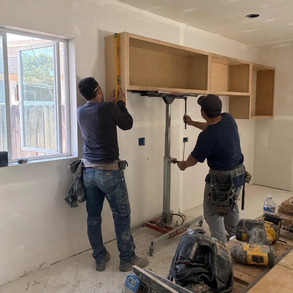 Two construction workers installing upper cabinets during a kitchen remodel in Fresno, CA
