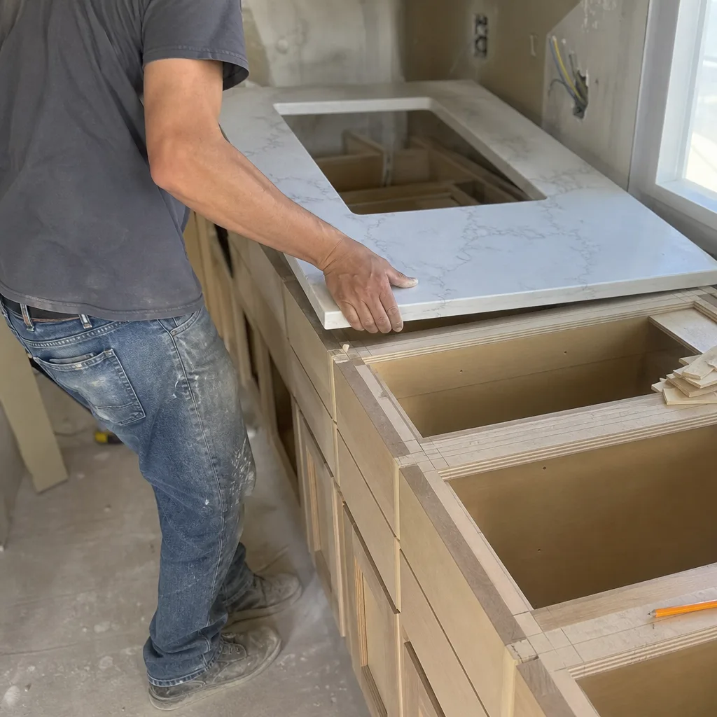 Contractor installing quartz countertop on wooden kitchen cabinets
