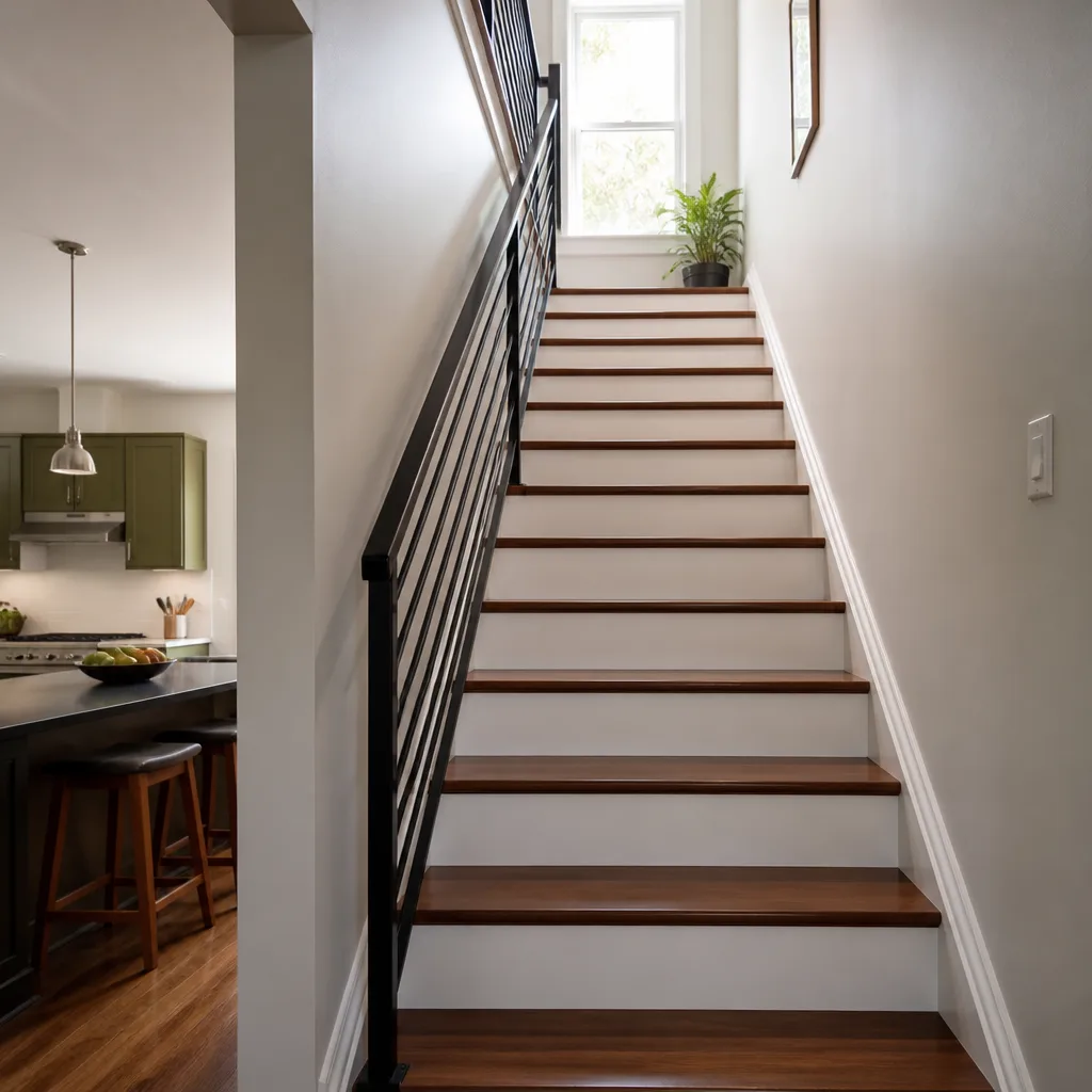 A remodeled staircase with wood treads and a slim metal railing
