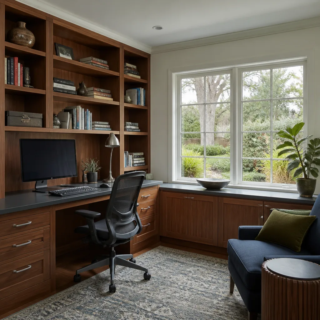 A home office with a built-in desk and shelves
